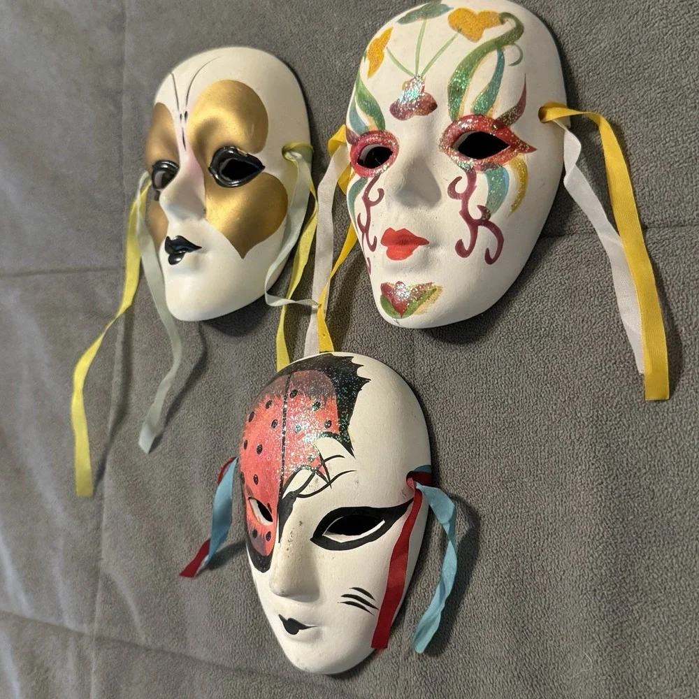 3 Vintage Mardi Gras Ceramic Hand Painted Matte Face Wall Masks